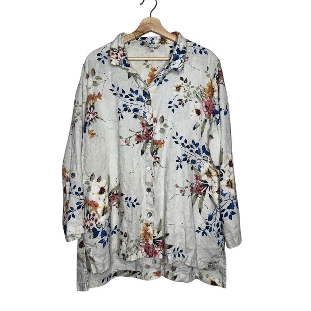 John Mark 100% Linen Floral Button Down Shirt Top White Multicolor 1X